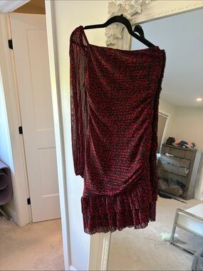 One-Shoulder Red & Black Pleated-Hem Mini dress